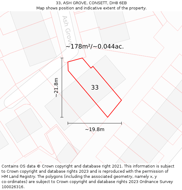 33, ASH GROVE, CONSETT, DH8 6EB: Plot and title map