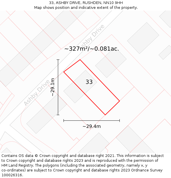 33, ASHBY DRIVE, RUSHDEN, NN10 9HH: Plot and title map