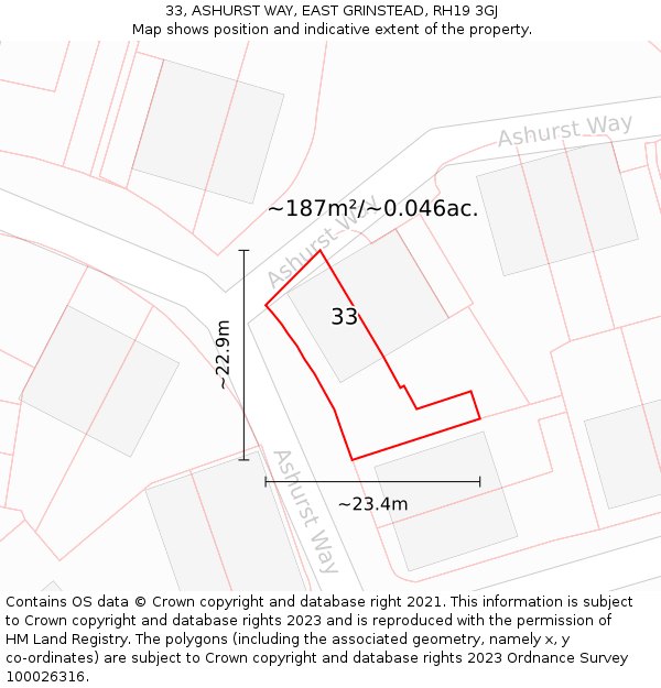 33, ASHURST WAY, EAST GRINSTEAD, RH19 3GJ: Plot and title map