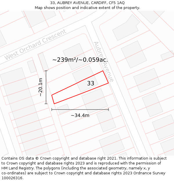 33, AUBREY AVENUE, CARDIFF, CF5 1AQ: Plot and title map