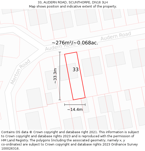 33, AUDERN ROAD, SCUNTHORPE, DN16 3LH: Plot and title map