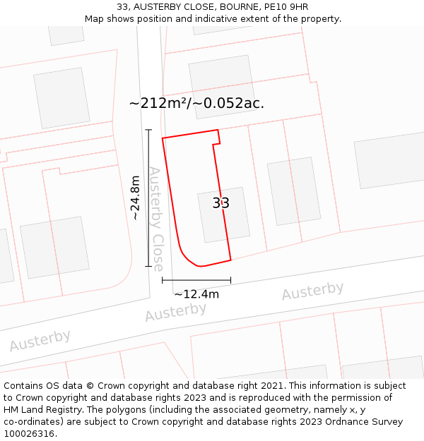 33, AUSTERBY CLOSE, BOURNE, PE10 9HR: Plot and title map