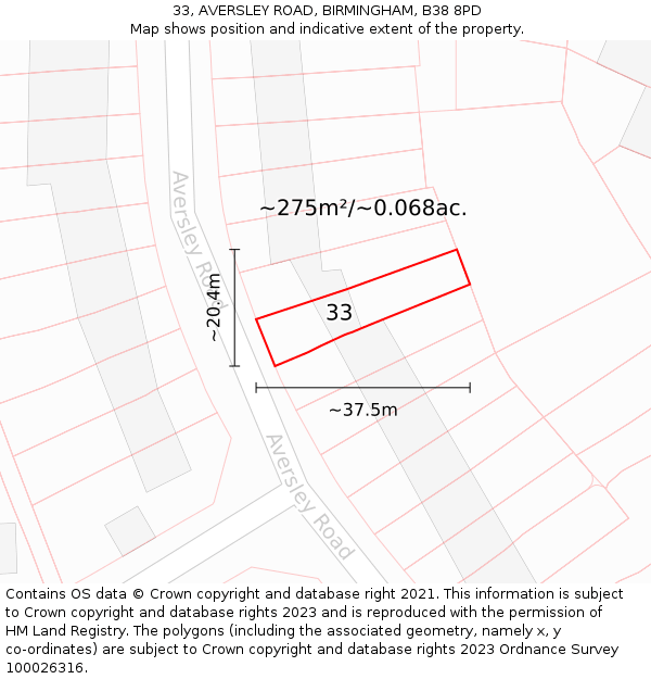 33, AVERSLEY ROAD, BIRMINGHAM, B38 8PD: Plot and title map