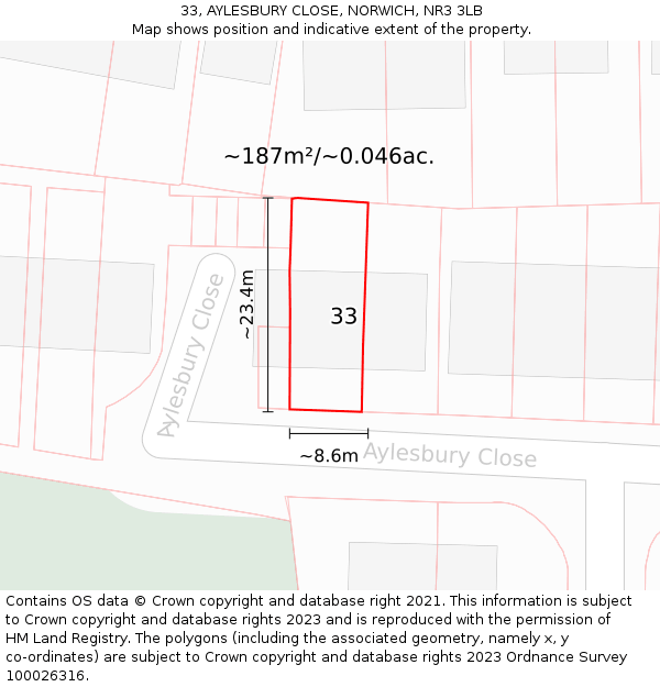 33, AYLESBURY CLOSE, NORWICH, NR3 3LB: Plot and title map