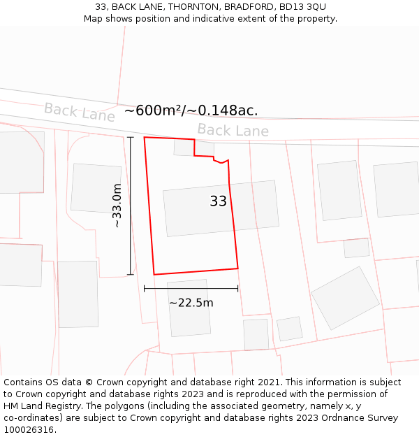 33, BACK LANE, THORNTON, BRADFORD, BD13 3QU: Plot and title map