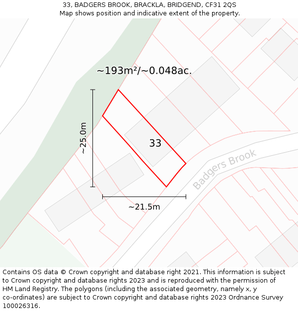 33, BADGERS BROOK, BRACKLA, BRIDGEND, CF31 2QS: Plot and title map