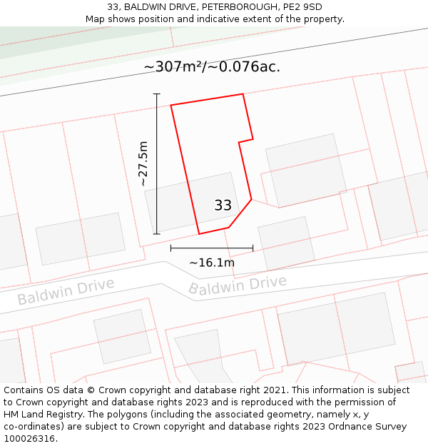 33, BALDWIN DRIVE, PETERBOROUGH, PE2 9SD: Plot and title map