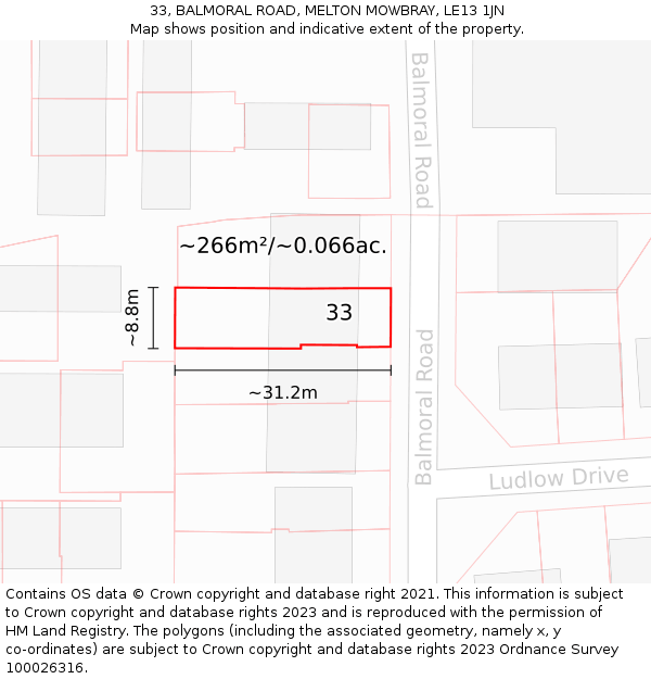 33, BALMORAL ROAD, MELTON MOWBRAY, LE13 1JN: Plot and title map