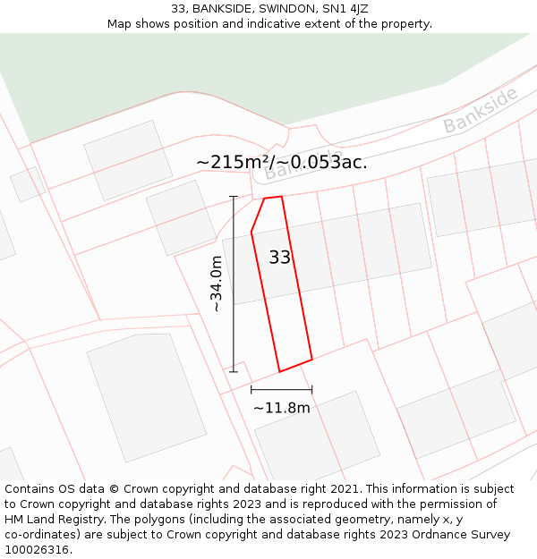 33, BANKSIDE, SWINDON, SN1 4JZ: Plot and title map