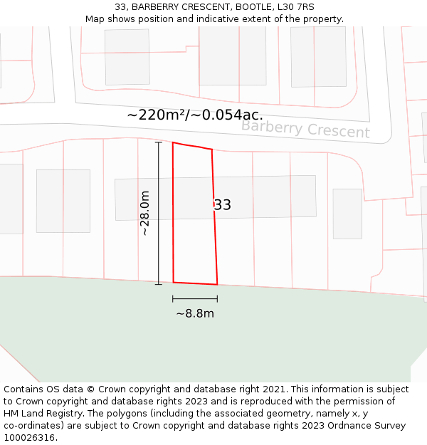 33, BARBERRY CRESCENT, BOOTLE, L30 7RS: Plot and title map