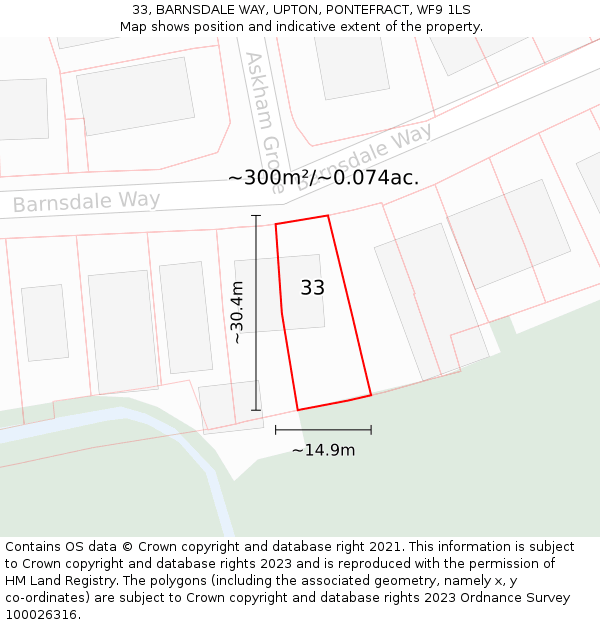 33, BARNSDALE WAY, UPTON, PONTEFRACT, WF9 1LS: Plot and title map