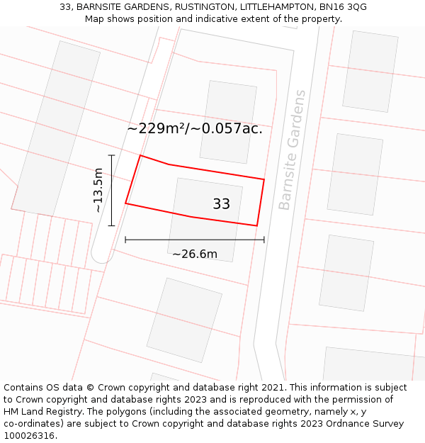 33, BARNSITE GARDENS, RUSTINGTON, LITTLEHAMPTON, BN16 3QG: Plot and title map