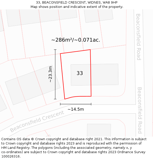 33, BEACONSFIELD CRESCENT, WIDNES, WA8 9HP: Plot and title map