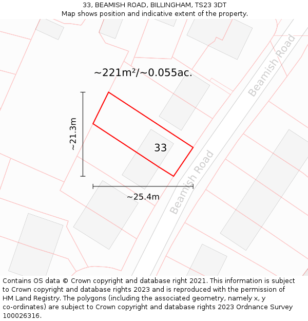 33, BEAMISH ROAD, BILLINGHAM, TS23 3DT: Plot and title map