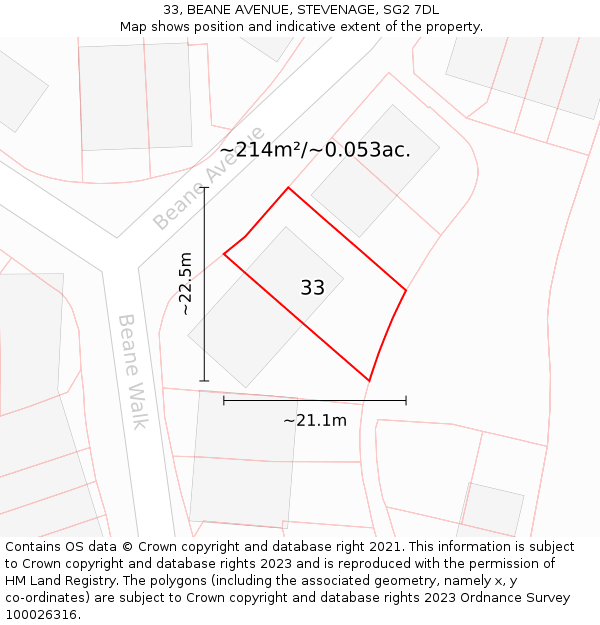 33, BEANE AVENUE, STEVENAGE, SG2 7DL: Plot and title map