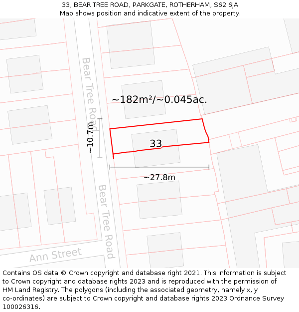 33, BEAR TREE ROAD, PARKGATE, ROTHERHAM, S62 6JA: Plot and title map