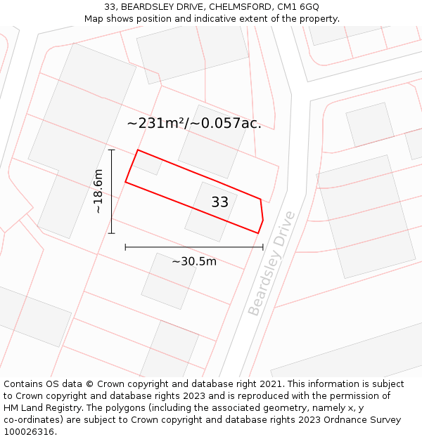 33, BEARDSLEY DRIVE, CHELMSFORD, CM1 6GQ: Plot and title map