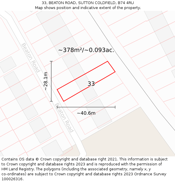 33, BEATON ROAD, SUTTON COLDFIELD, B74 4RU: Plot and title map
