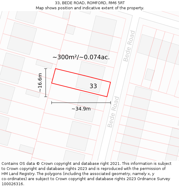 33, BEDE ROAD, ROMFORD, RM6 5RT: Plot and title map