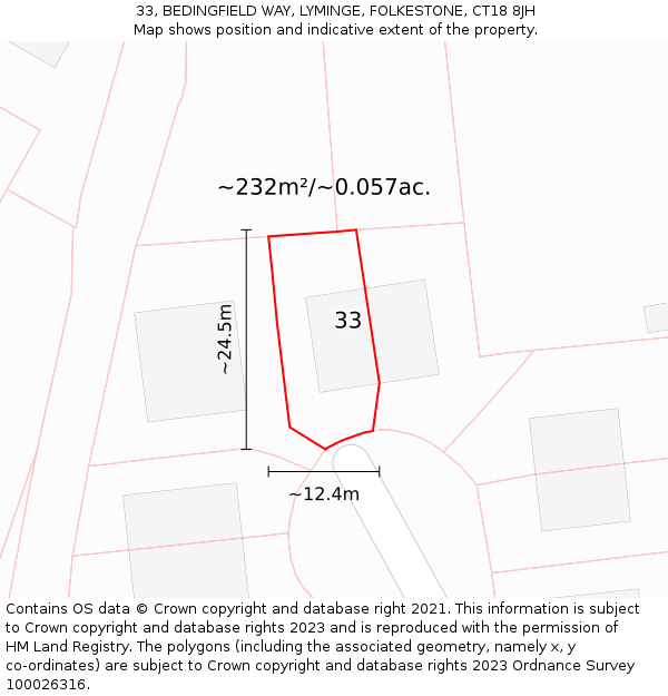 33, BEDINGFIELD WAY, LYMINGE, FOLKESTONE, CT18 8JH: Plot and title map