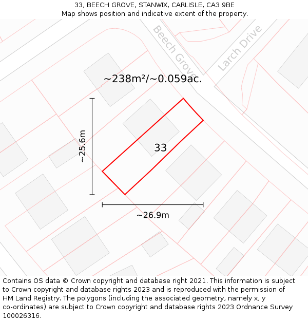 33, BEECH GROVE, STANWIX, CARLISLE, CA3 9BE: Plot and title map