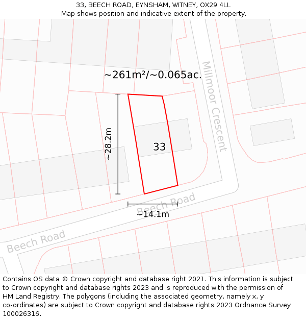 33, BEECH ROAD, EYNSHAM, WITNEY, OX29 4LL: Plot and title map