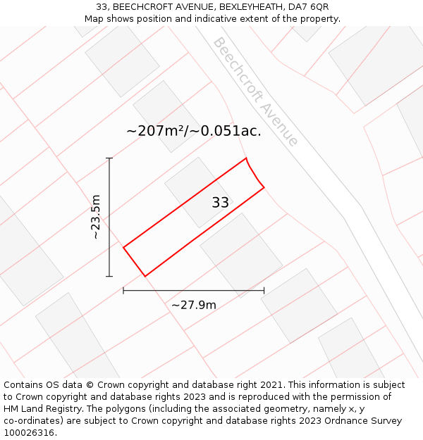 33, BEECHCROFT AVENUE, BEXLEYHEATH, DA7 6QR: Plot and title map