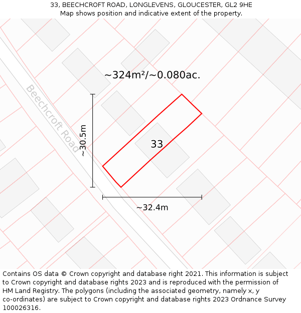 33, BEECHCROFT ROAD, LONGLEVENS, GLOUCESTER, GL2 9HE: Plot and title map