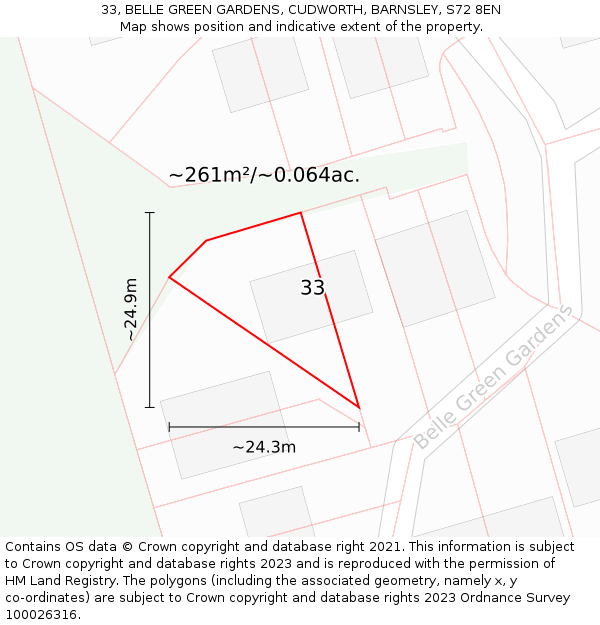 33, BELLE GREEN GARDENS, CUDWORTH, BARNSLEY, S72 8EN: Plot and title map