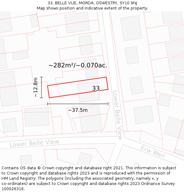 33, BELLE VUE, MORDA, OSWESTRY, SY10 9NJ: Plot and title map