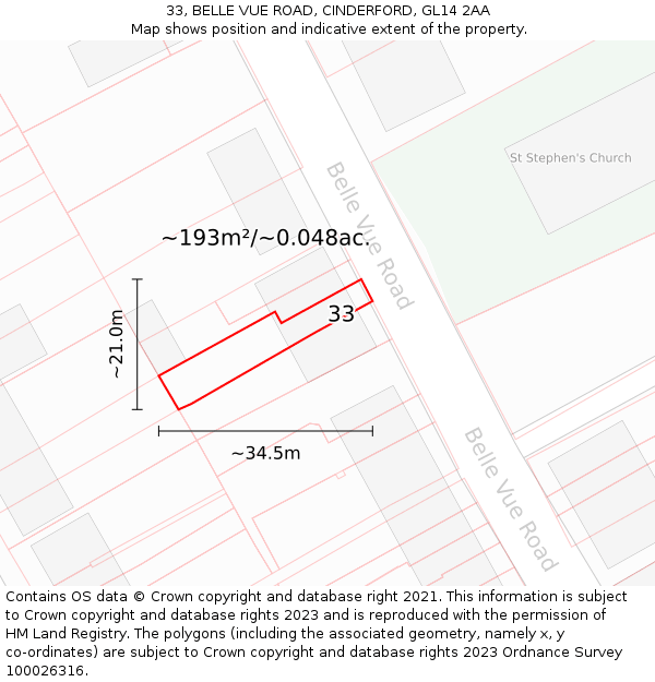 33, BELLE VUE ROAD, CINDERFORD, GL14 2AA: Plot and title map