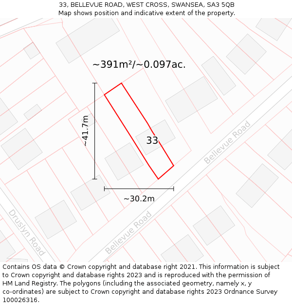 33, BELLEVUE ROAD, WEST CROSS, SWANSEA, SA3 5QB: Plot and title map