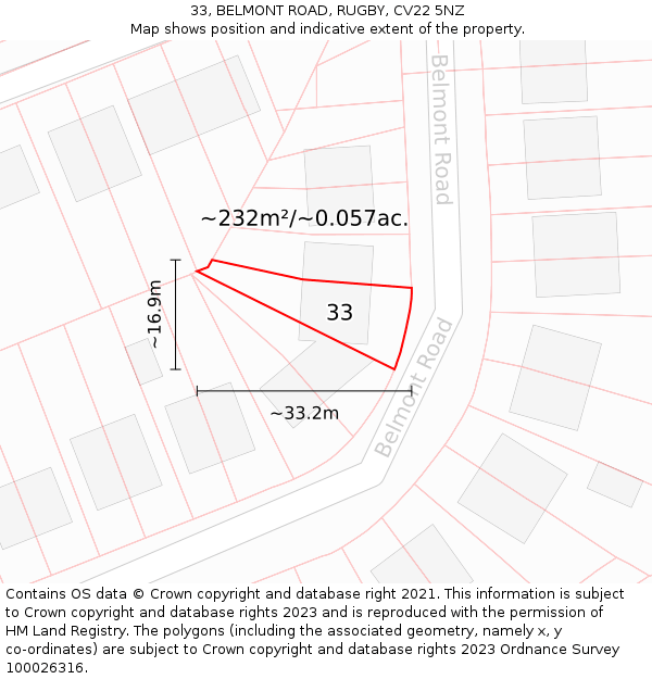 33, BELMONT ROAD, RUGBY, CV22 5NZ: Plot and title map