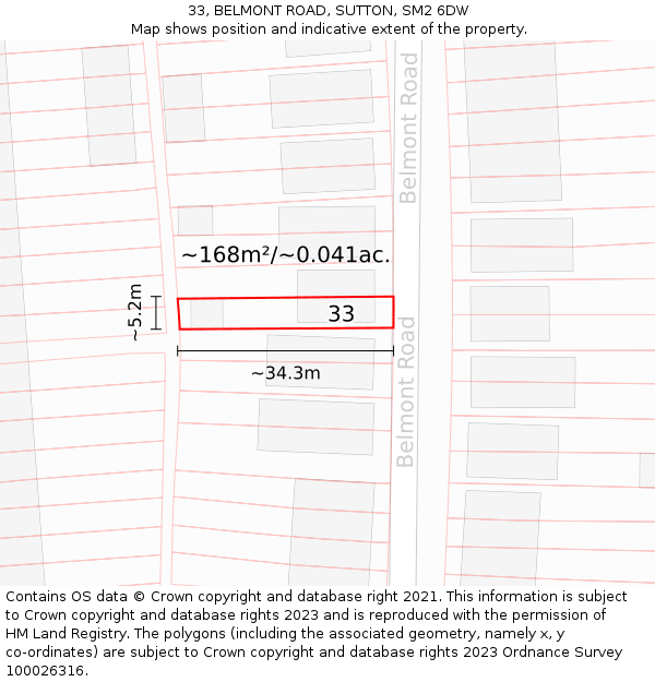 33, BELMONT ROAD, SUTTON, SM2 6DW: Plot and title map