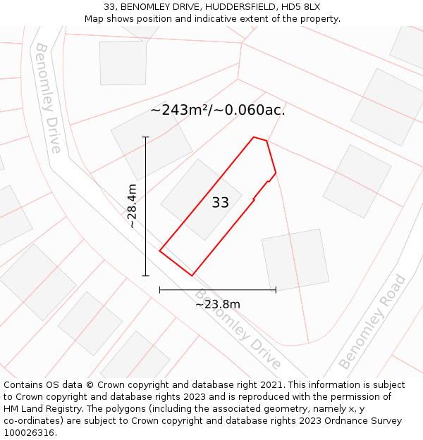 33, BENOMLEY DRIVE, HUDDERSFIELD, HD5 8LX: Plot and title map
