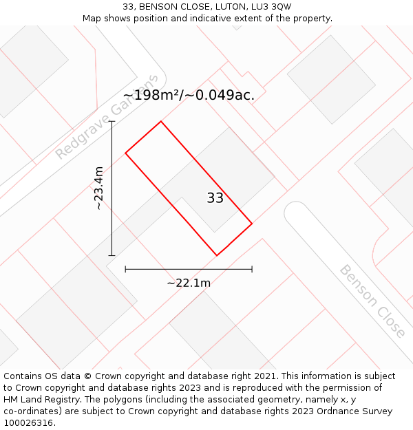 33, BENSON CLOSE, LUTON, LU3 3QW: Plot and title map