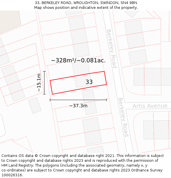 33, BERKELEY ROAD, WROUGHTON, SWINDON, SN4 9BN: Plot and title map
