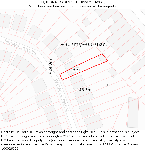 33, BERNARD CRESCENT, IPSWICH, IP3 9LJ: Plot and title map