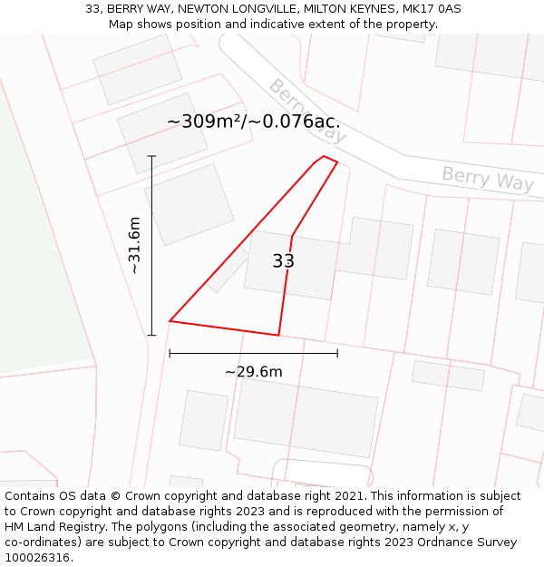 33, BERRY WAY, NEWTON LONGVILLE, MILTON KEYNES, MK17 0AS: Plot and title map