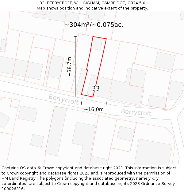 33, BERRYCROFT, WILLINGHAM, CAMBRIDGE, CB24 5JX: Plot and title map