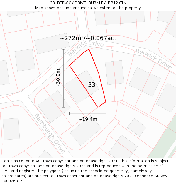 33, BERWICK DRIVE, BURNLEY, BB12 0TN: Plot and title map