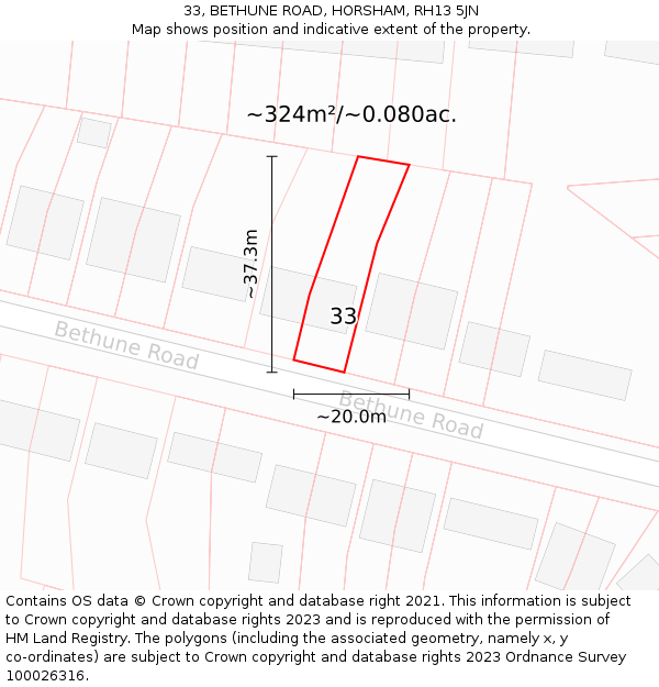 33, BETHUNE ROAD, HORSHAM, RH13 5JN: Plot and title map