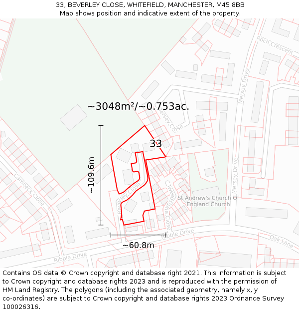 33, BEVERLEY CLOSE, WHITEFIELD, MANCHESTER, M45 8BB: Plot and title map