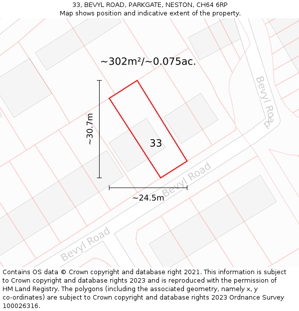 33, BEVYL ROAD, PARKGATE, NESTON, CH64 6RP: Plot and title map