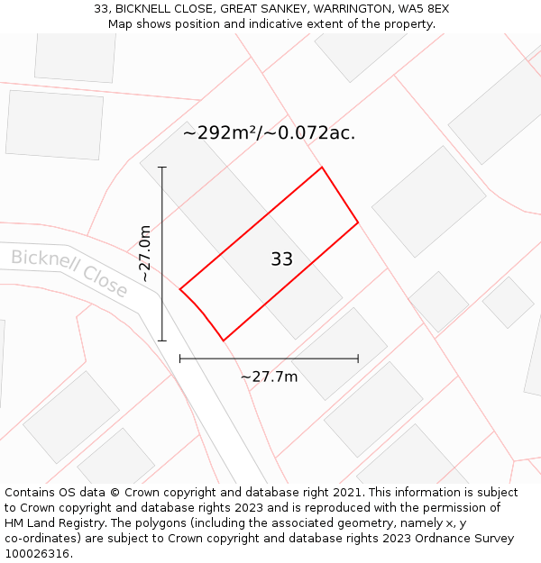33, BICKNELL CLOSE, GREAT SANKEY, WARRINGTON, WA5 8EX: Plot and title map
