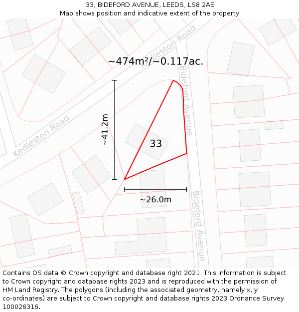 33, BIDEFORD AVENUE, LEEDS, LS8 2AE: Plot and title map