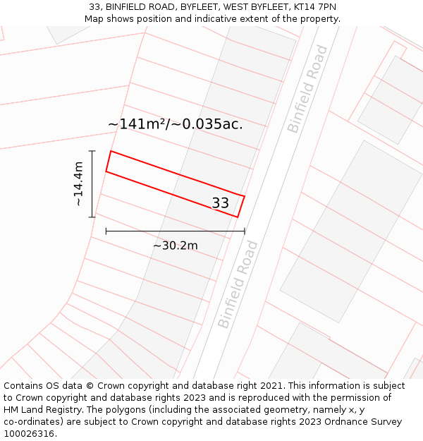 33, BINFIELD ROAD, BYFLEET, WEST BYFLEET, KT14 7PN: Plot and title map