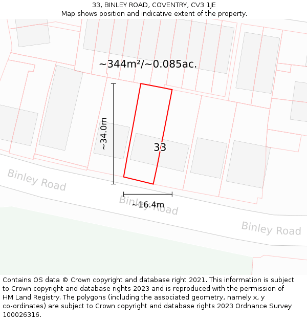 33, BINLEY ROAD, COVENTRY, CV3 1JE: Plot and title map