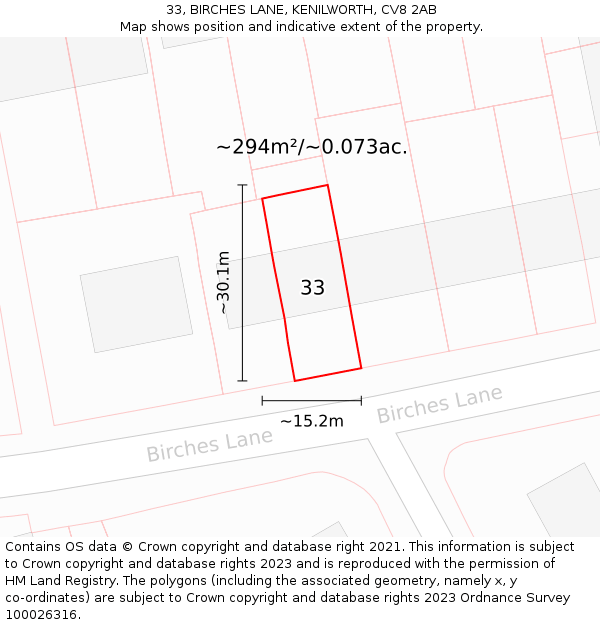 33, BIRCHES LANE, KENILWORTH, CV8 2AB: Plot and title map