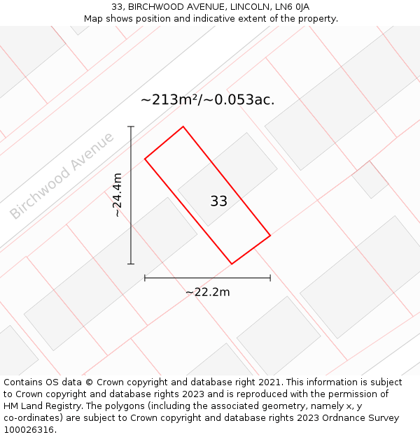 33, BIRCHWOOD AVENUE, LINCOLN, LN6 0JA: Plot and title map
